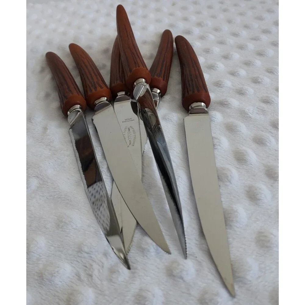 Vintage E Parker And Sons 3709 Sheffield England Horned Steak Knife Set Of 6